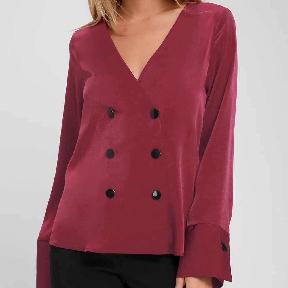 Lulus Luminary Women's‎ Satin Button-Front Long Sleeve Top, Size Large, Wine Red